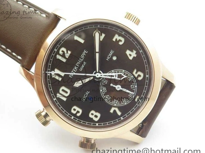MIROTIME 0406 Calatrava 5524R Pilot Travel Time RG GRF Brown Dial on Brown Leather Strap MIYOTA TopPick 7155